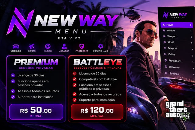 NEW WAY MENU GTA V | PREMIUM + BATTLEYE | MENSAL 